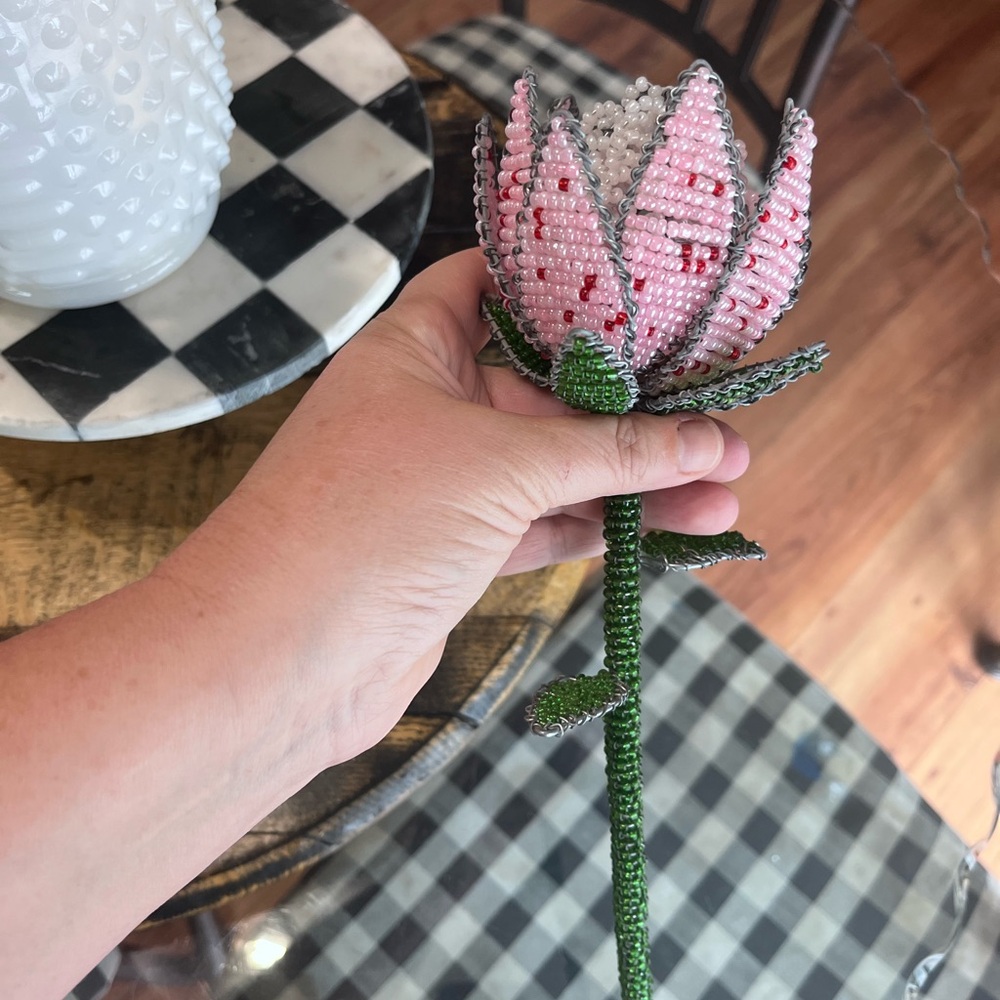 Handmade South African Beaded Flower-Artisan Pink & White Protea, Lotus Bloom